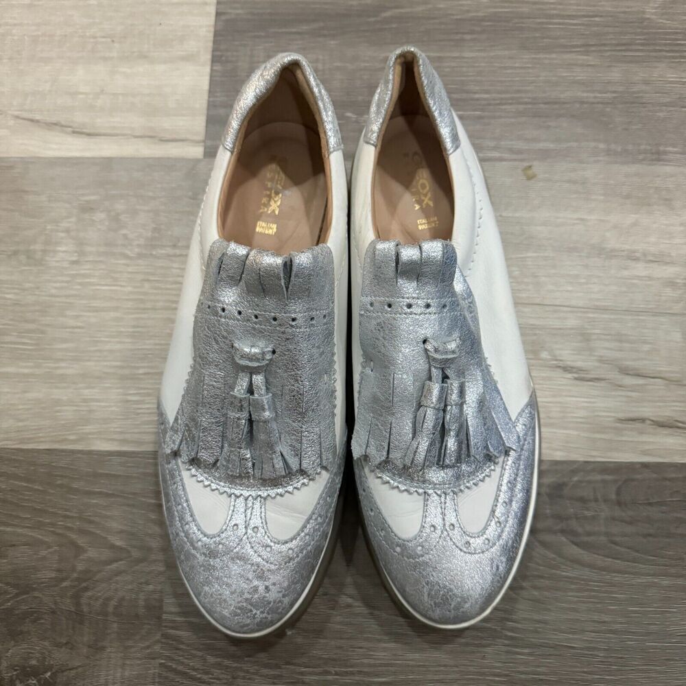Geox Respira Oxfords Shoes Mens 40 7 White/Silver Tassel Fringe Platform Leather
